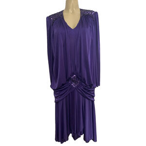 Abby Kent Dress Purple Ruched Long Sleeve Sequin Midi Draped V Neck 80' 90' 12 L